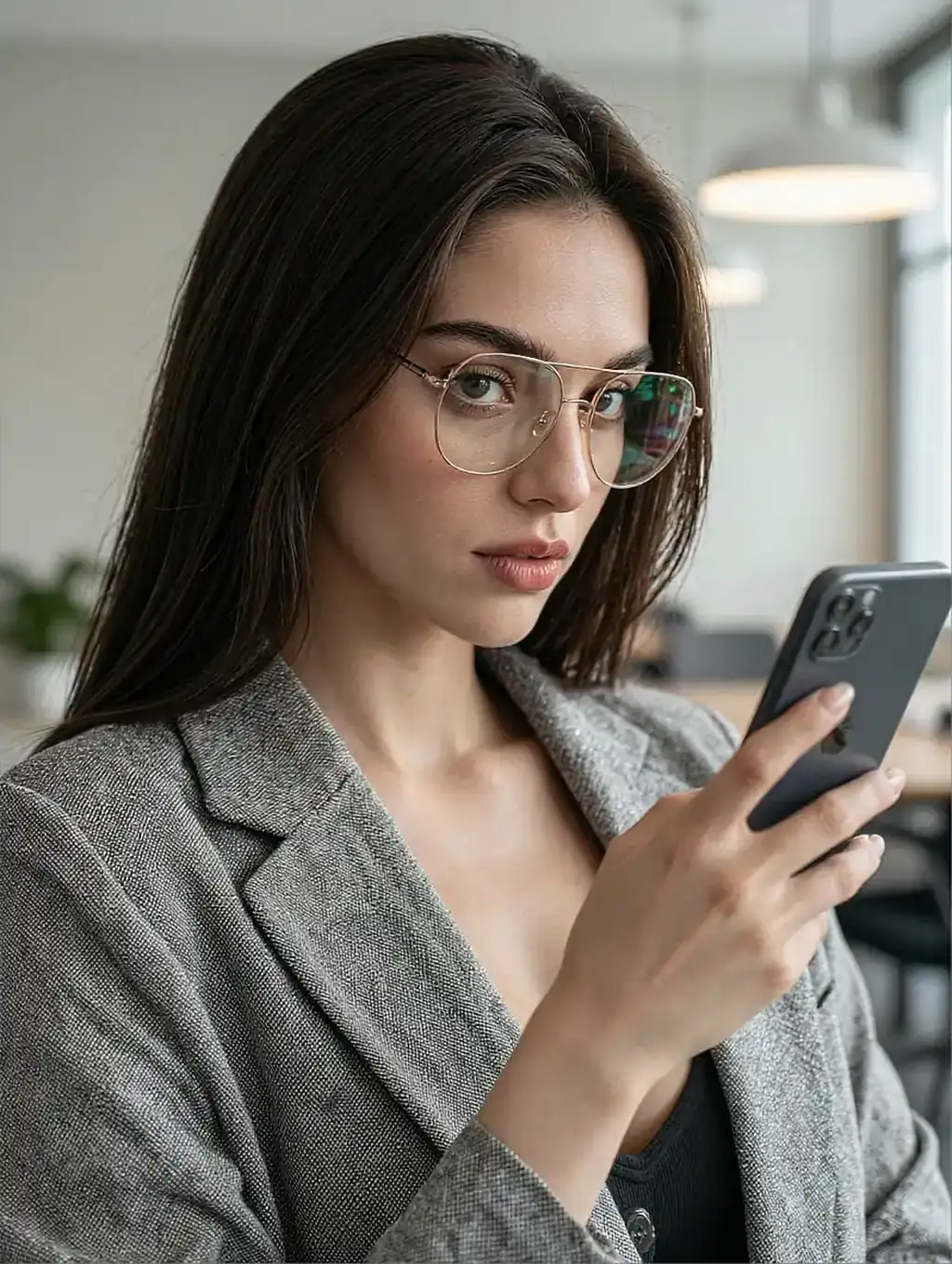 Priya, a fictional AI character, on a chapter card the AI director just rewrote — glasses, daylight at her desk, phone in hand