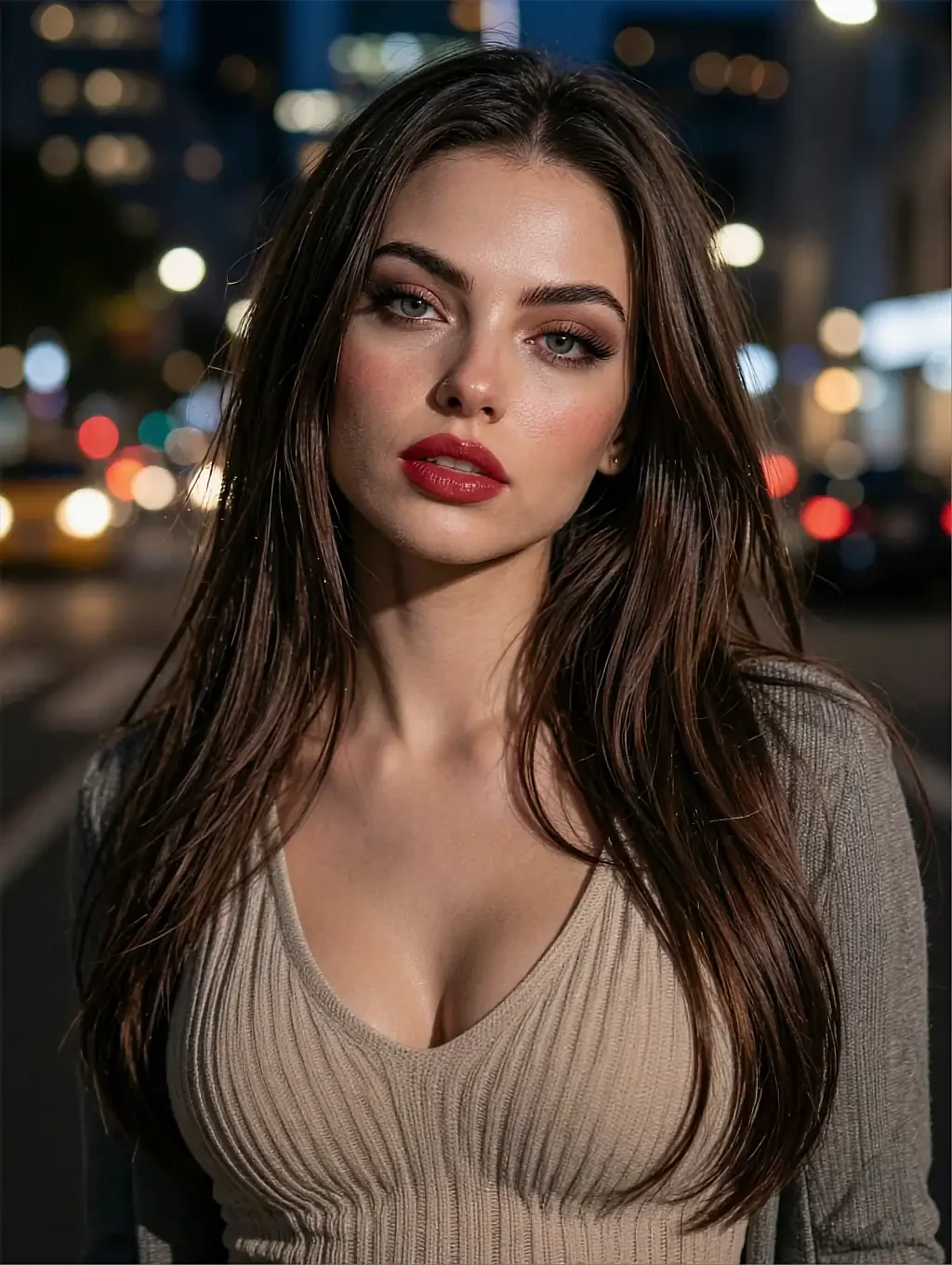 Solène, fictional AI character of the rivals route, red lips and city lights after service