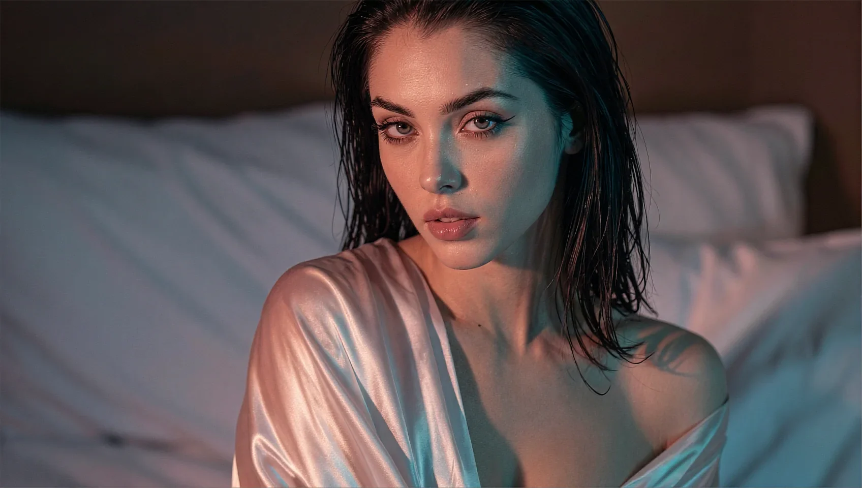 Fictional AI character in a white shirt smiling from a warm-lit bedroom, where the next chapter waits