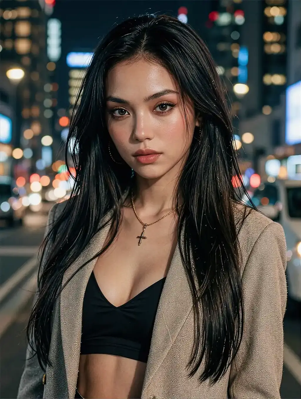 Kestrel, a fictional AI character, on the resumed chapter card of an online session — night street and city lights behind her